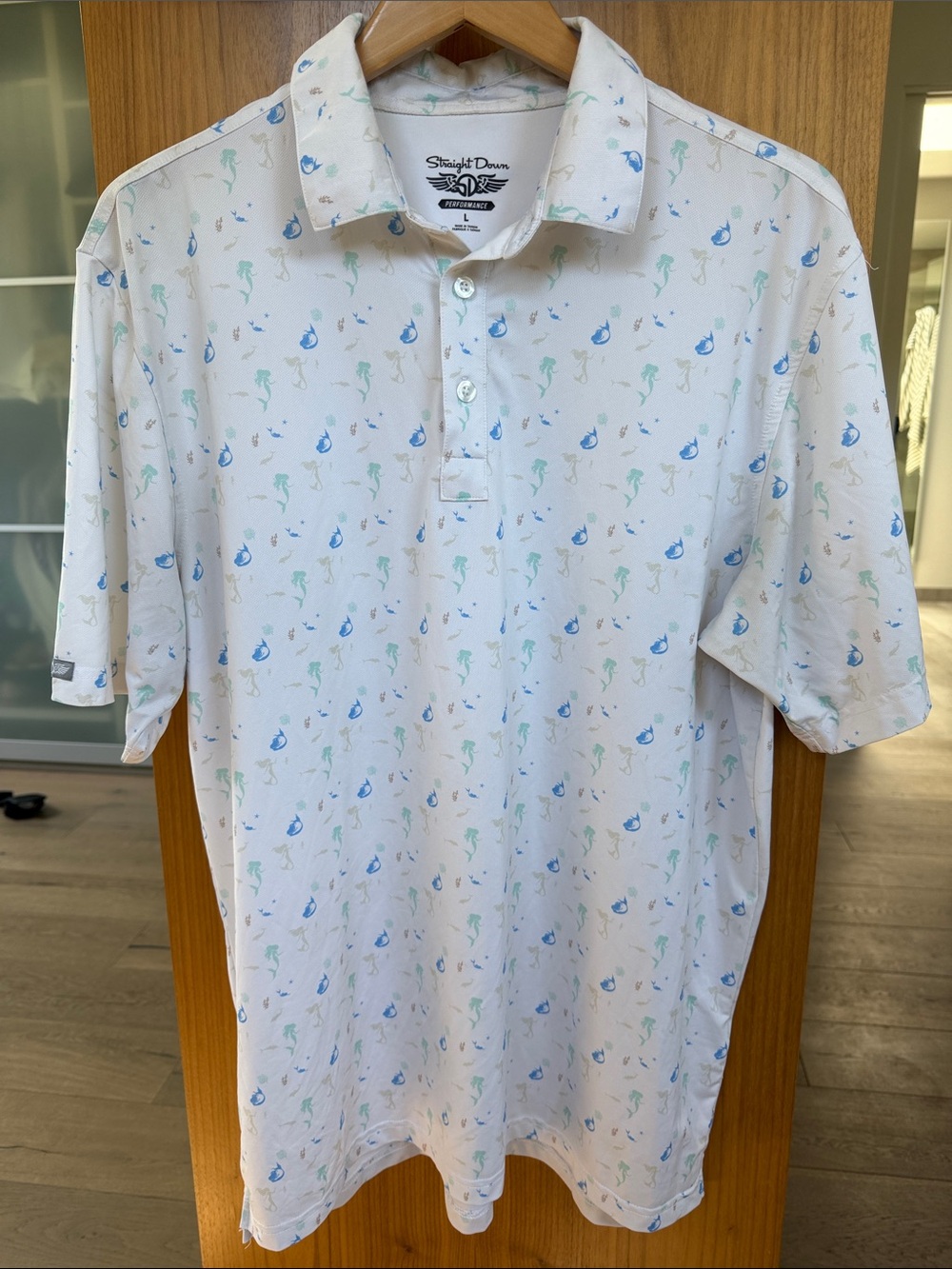Straight Down Men’s White Polo with Blue & Green Micro Print